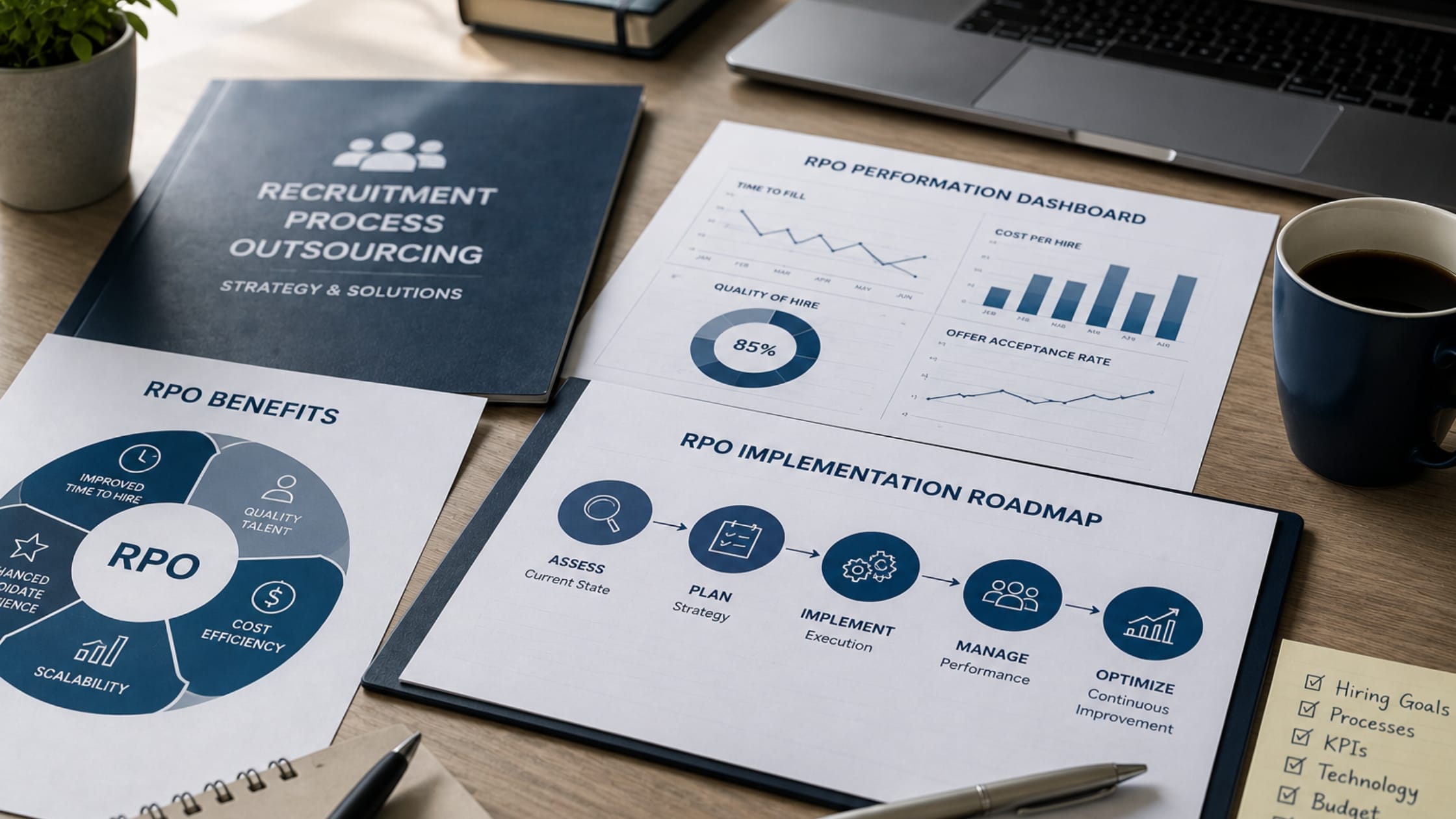 RPO implementation roadmap and recruitment performance dashboard showing workforce planning, hiring KPIs, talent acquisition metrics, and recruitment process outsourcing strategy.