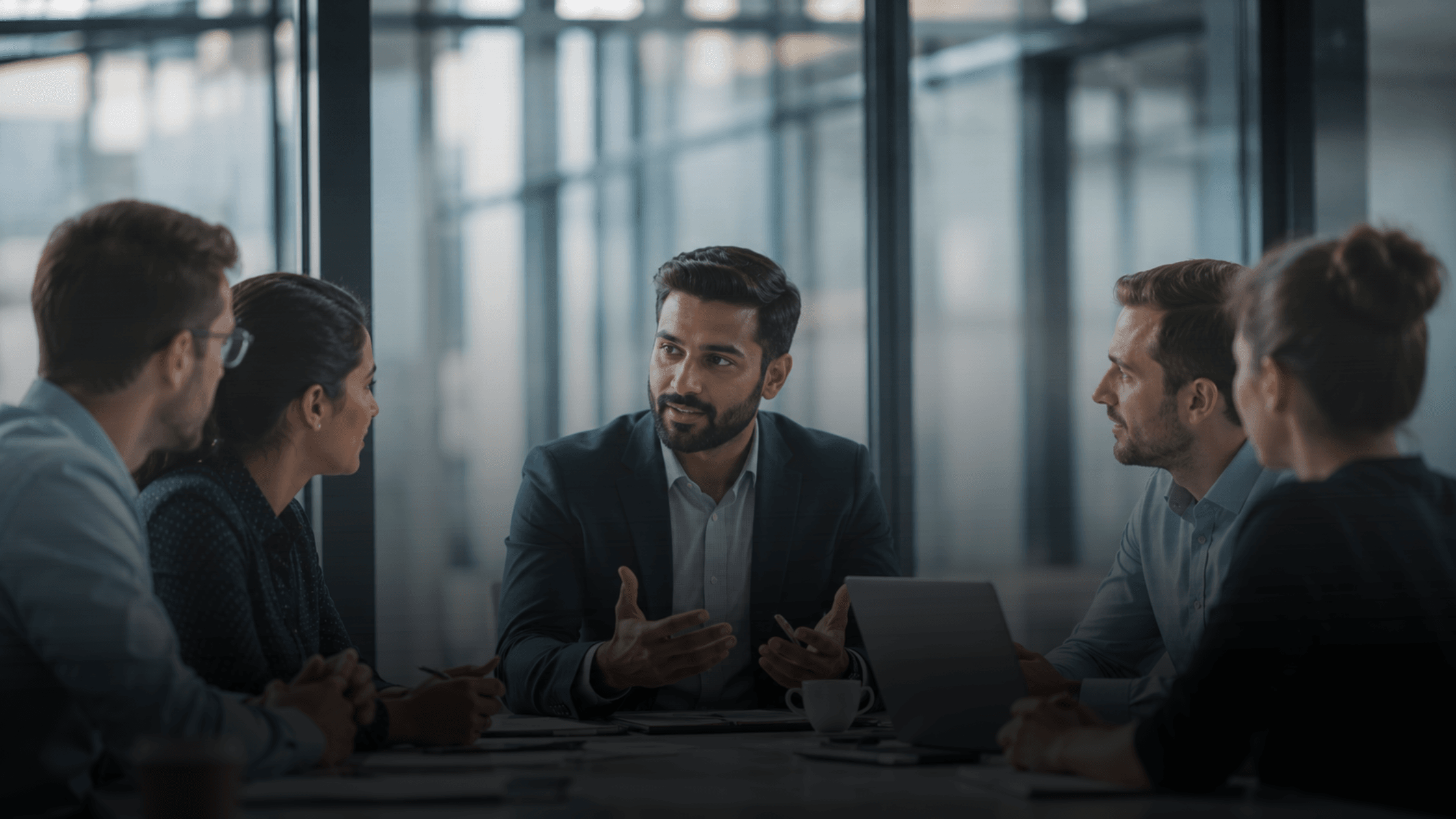 Professional business leader facilitating a collaborative team meeting in a modern office, demonstrating trust, open communication, and effective leadership.